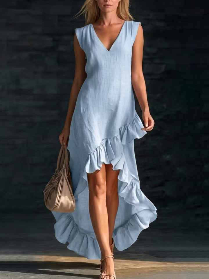 Romantic long linen and cotton dress with V-neck and gathered hem