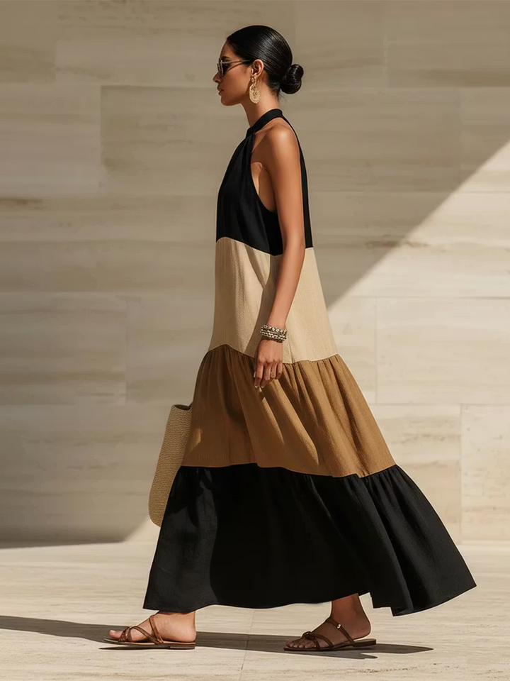 Elegant long dress with artistic color blocks