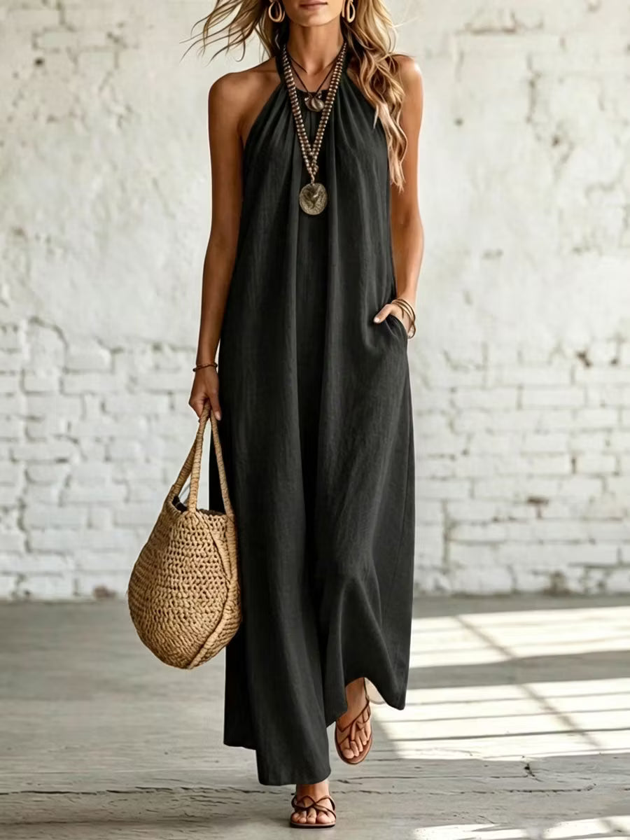 Casual Women's Dress, Loose, Sleeveless, Halter Neck, in Linen and Cotton