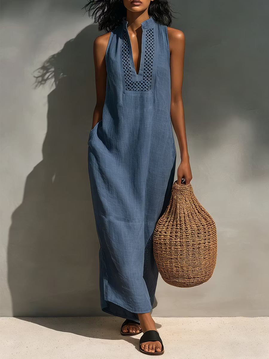 Minimalist Women's Sleeveless Maxi Dress with Cutout Neckline