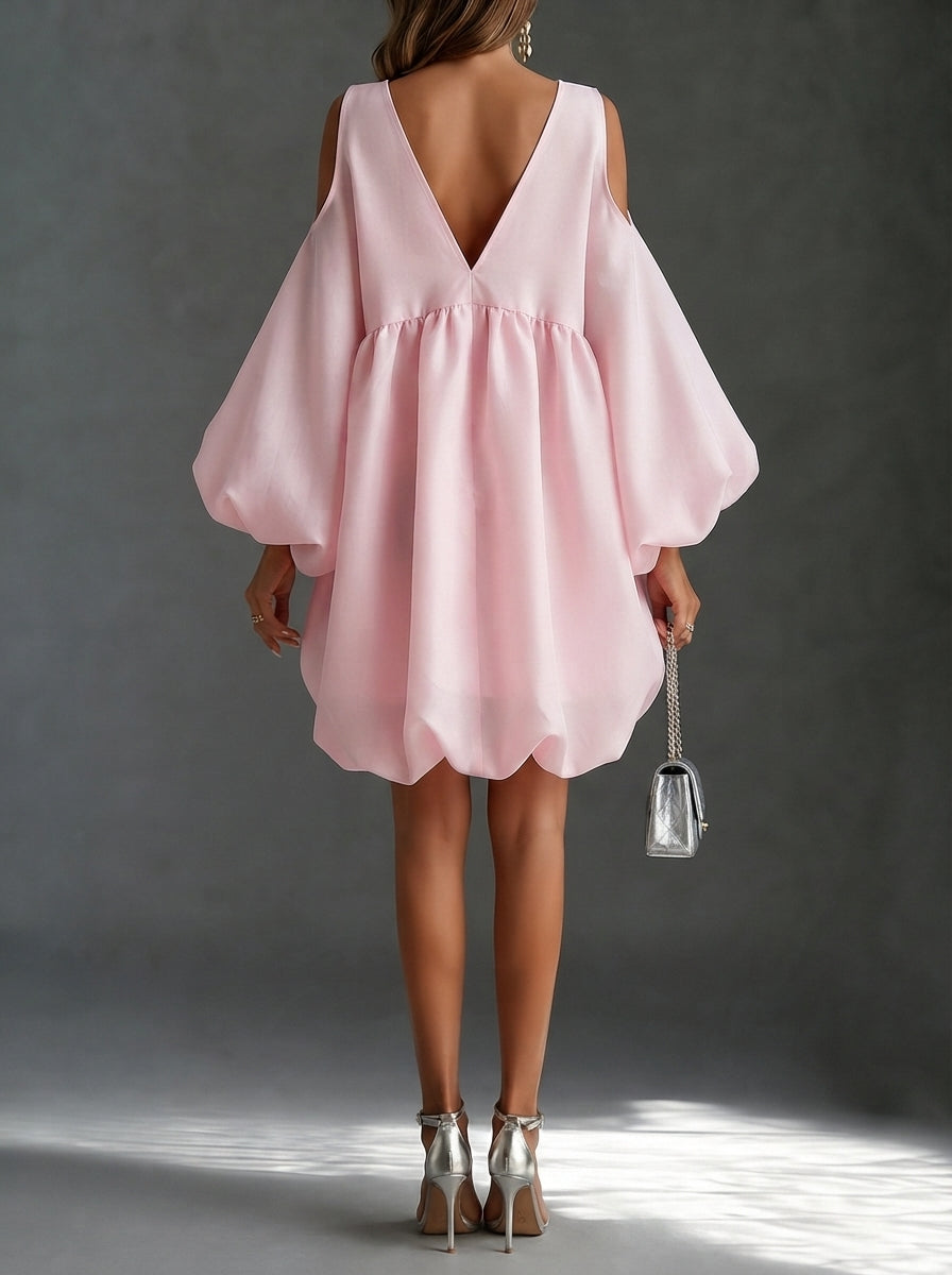 Baby Pink Chiffon Deep V Cold Shoulder Mini Dress Puffy Balloon Sleeve Babydoll Party Dress