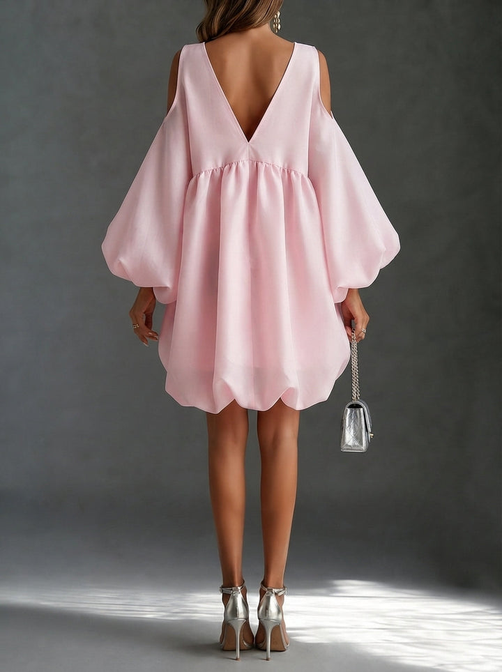 Baby Pink Chiffon Deep V Cold Shoulder Mini Dress Puffy Balloon Sleeve Babydoll Party Dress