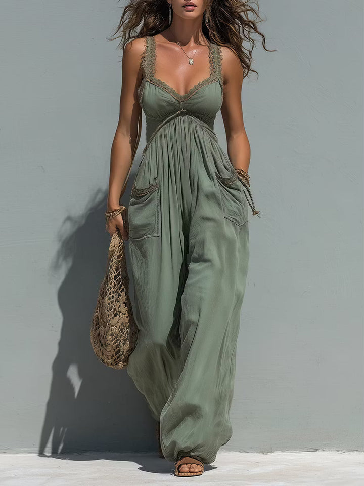 Boho Wide-Leg Jumpsuit with Lace Details and Applied Pockets