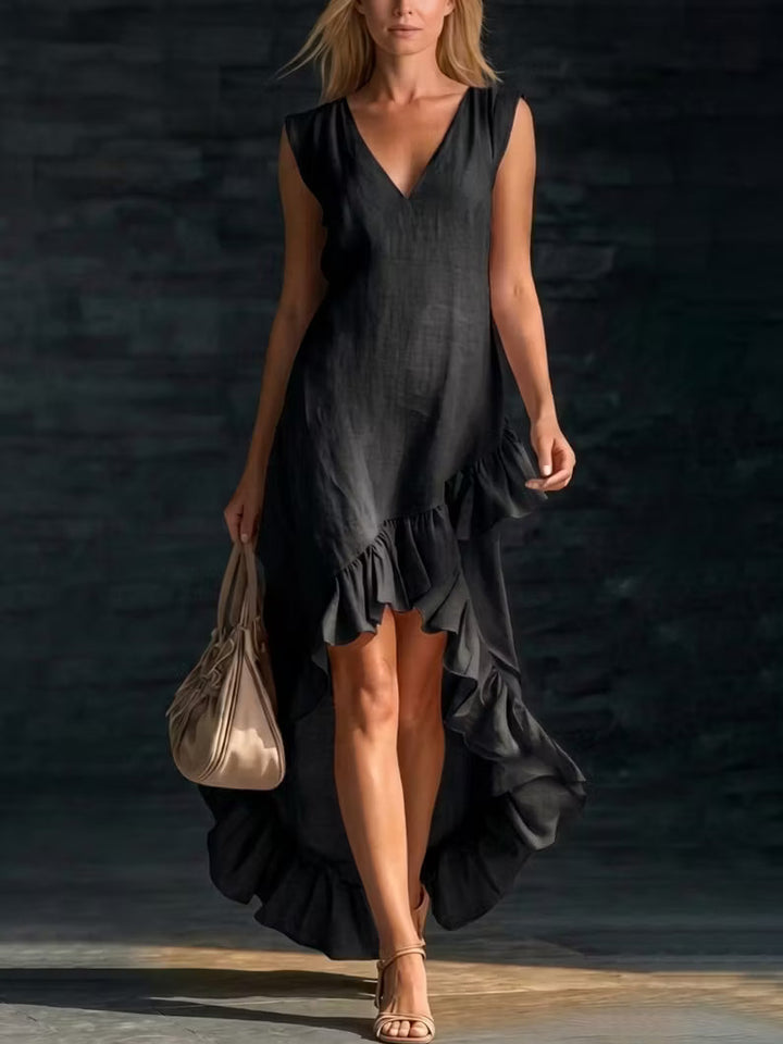 Romantic long linen and cotton dress with V-neck and gathered hem
