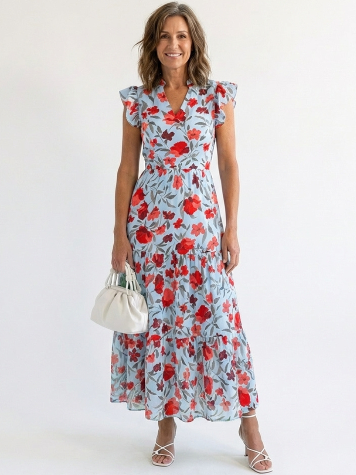 Lilac Floral Print Flared Midi Dress