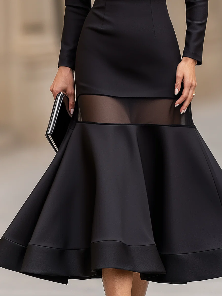 Black Long Sleeve Mesh Panel A-Line Midi Dress