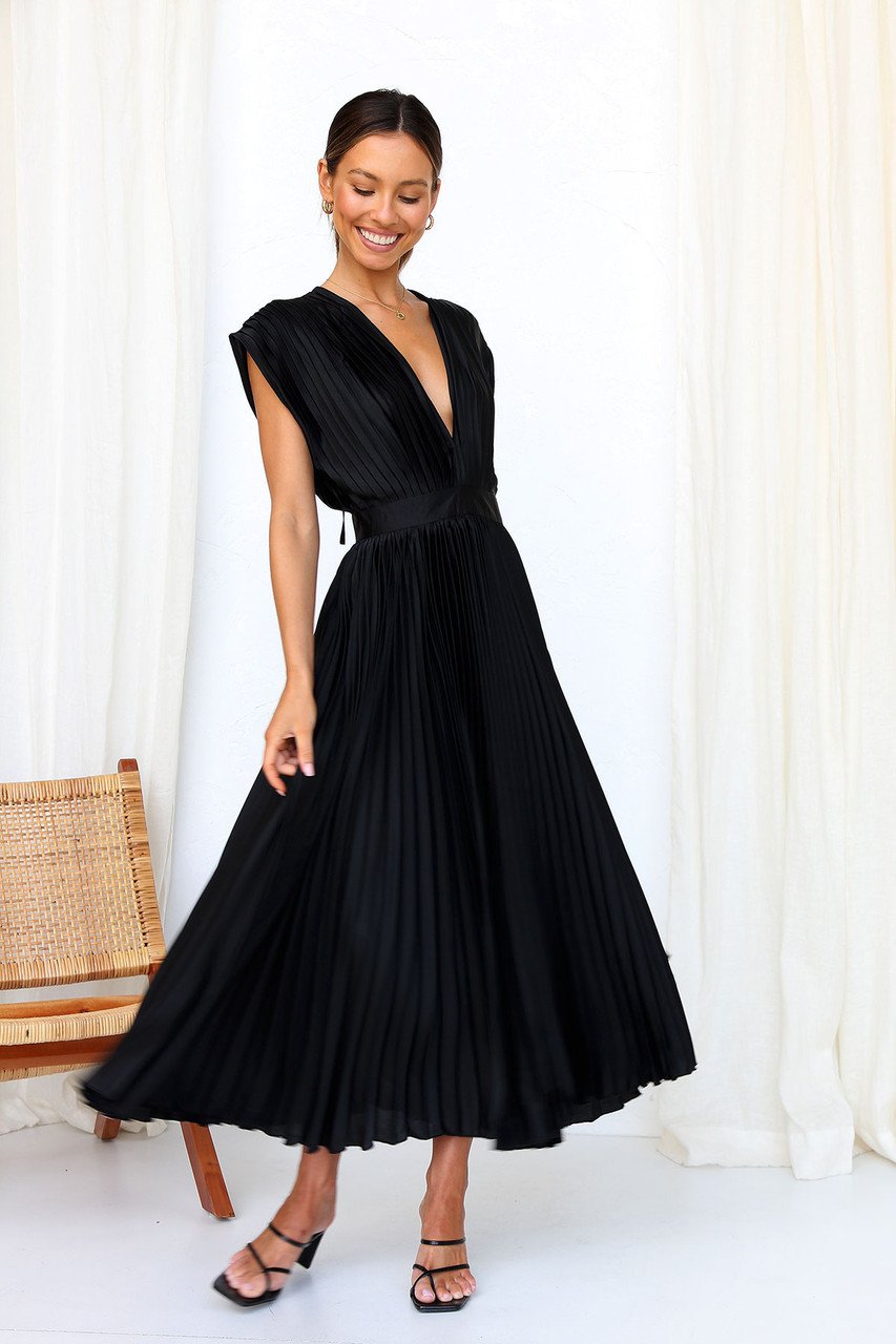 Elegant Satin Pleated V-neck Flowing Midi Dress