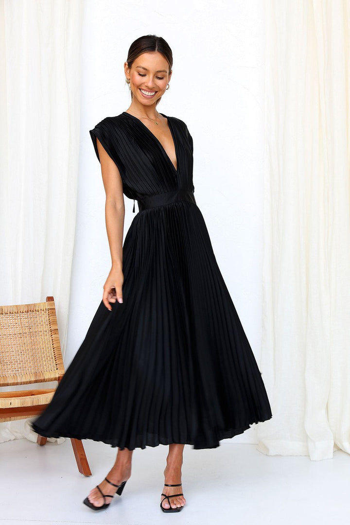Elegant Satin Pleated V-neck Flowing Midi Dress