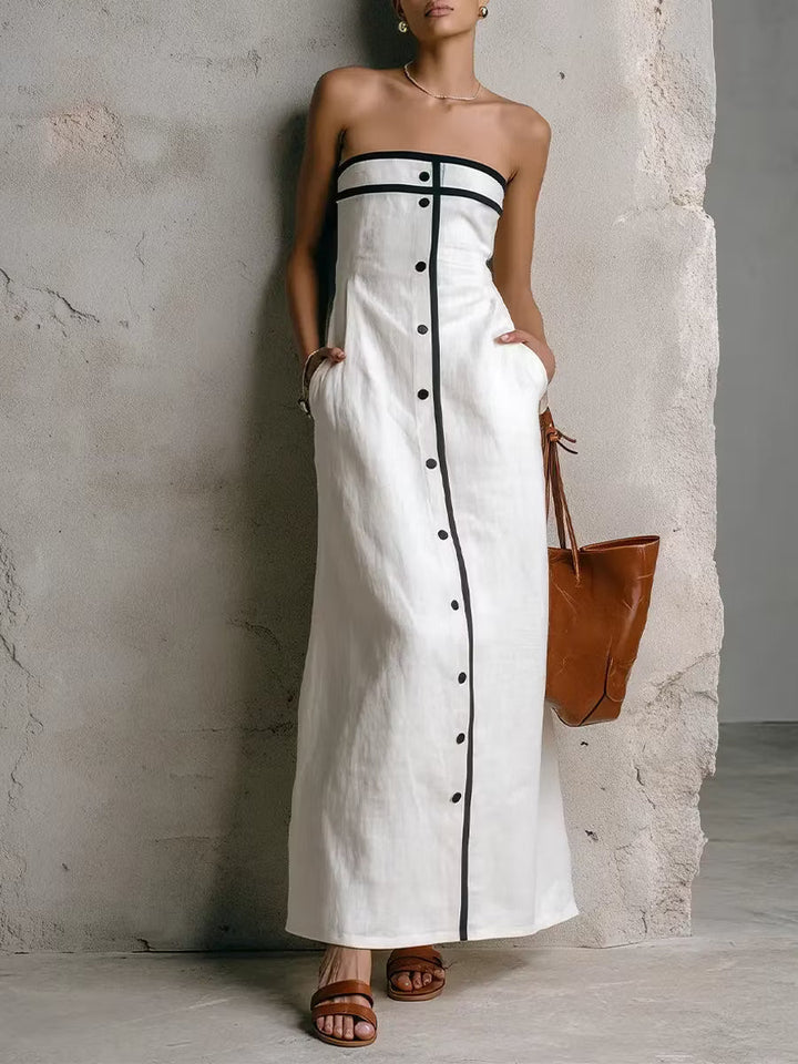 Simple Striped Strapless Women's Dress in Cotton and Linen