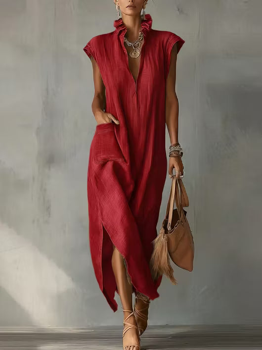 Women's midi dress in cotton and linen with frilled collar – Elegant dress for summer