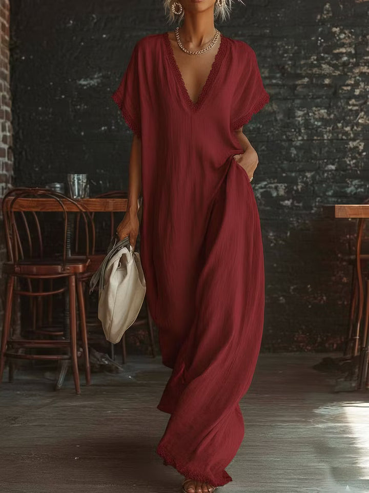 Elegant and cozy long dress made of linen and cotton with lace details.