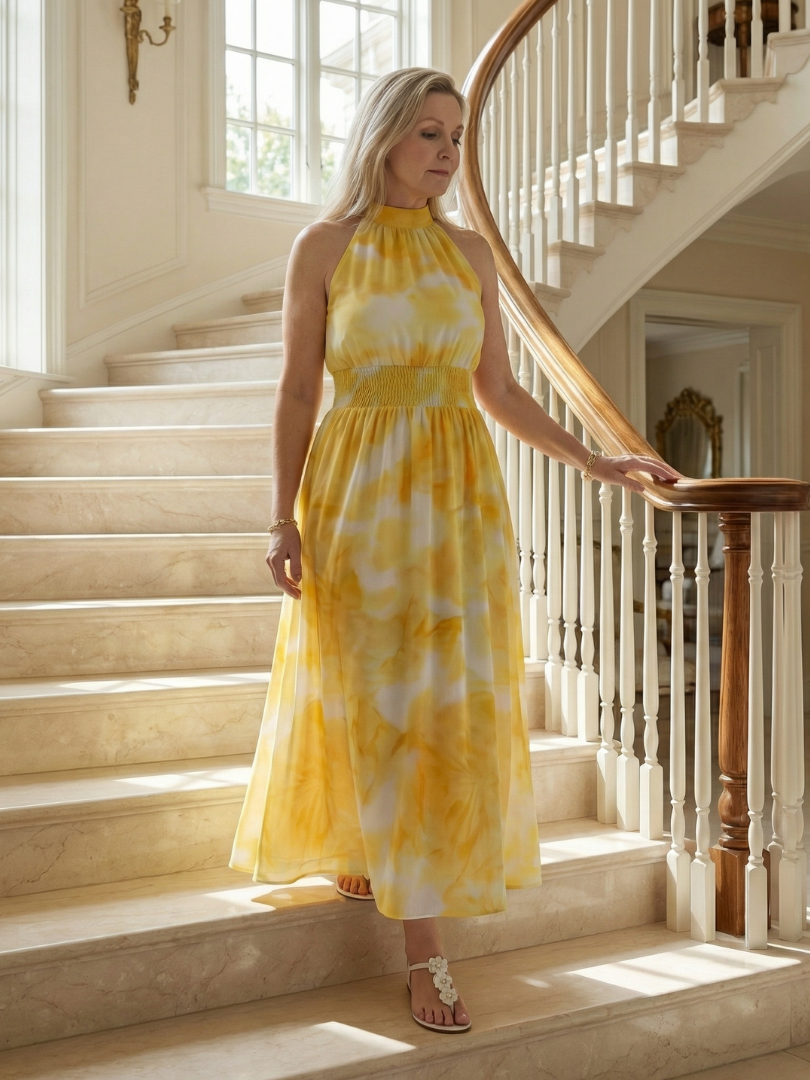Midi Dress with Gathered Halter Neckline