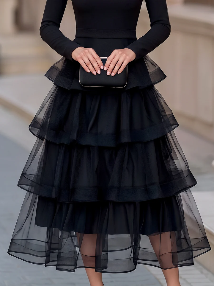 Black Long Sleeve Layered Ruffle Midi Dress