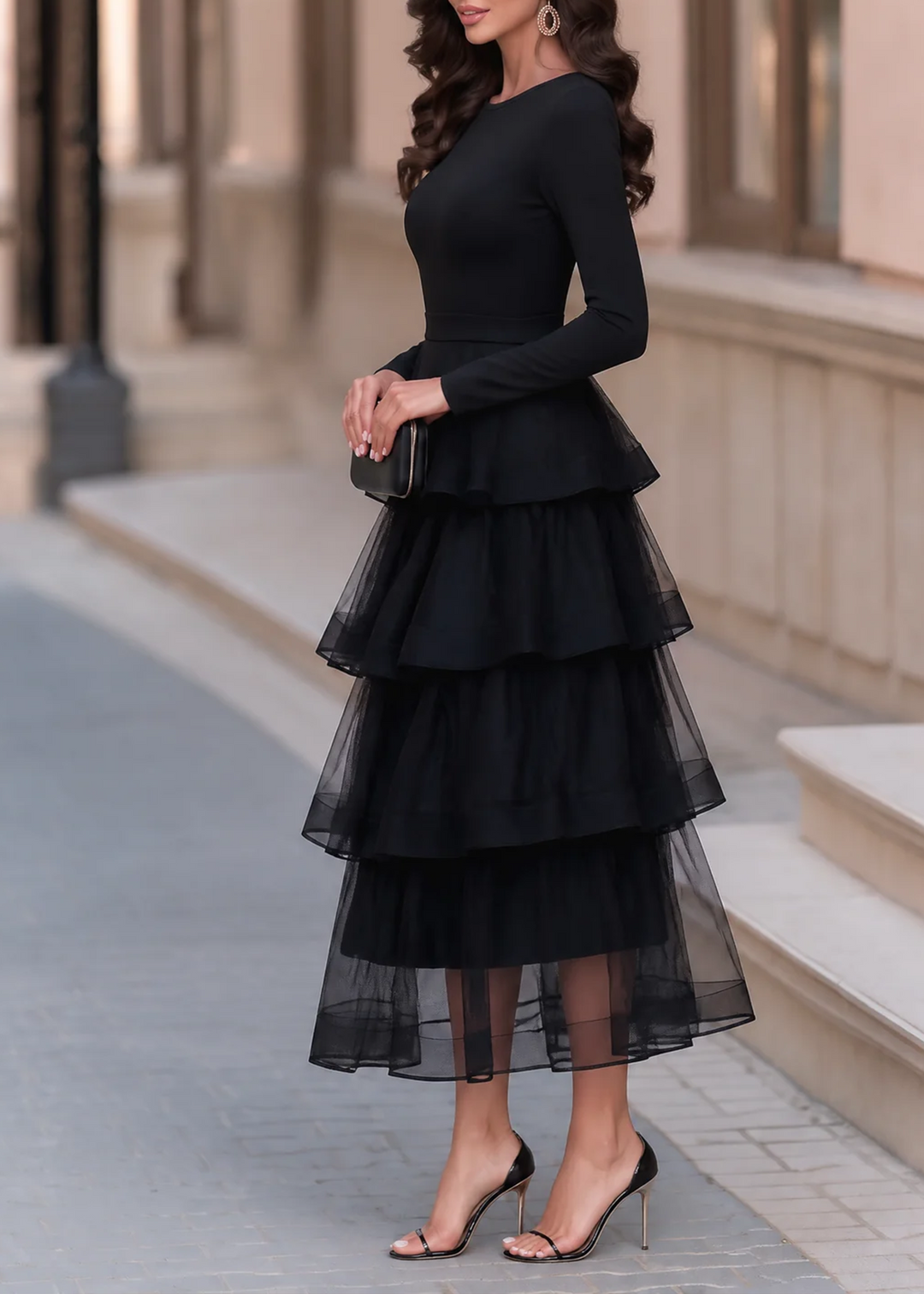 Black Long Sleeve Layered Ruffle Midi Dress