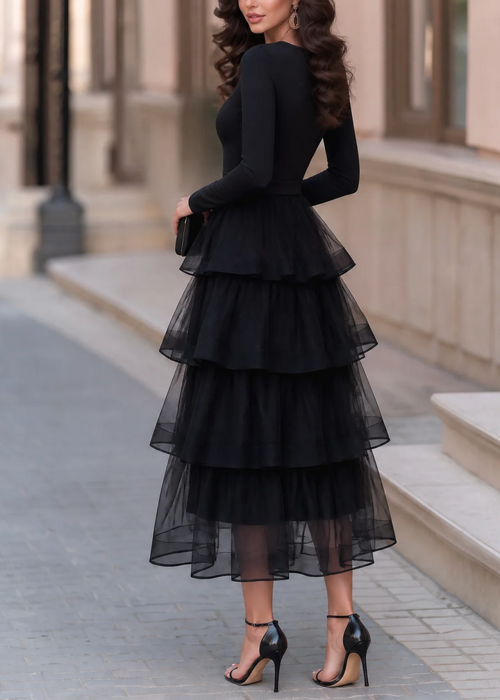 Black Long Sleeve Layered Ruffle Midi Dress