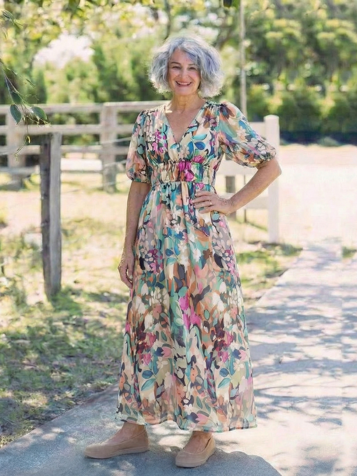 Midi dress with short sleeves and Eulalie waist