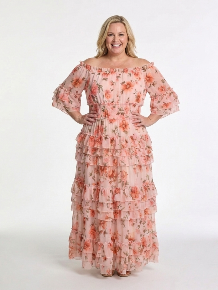 Floral Ruffle Maxi Dress with Rosalie Neckline