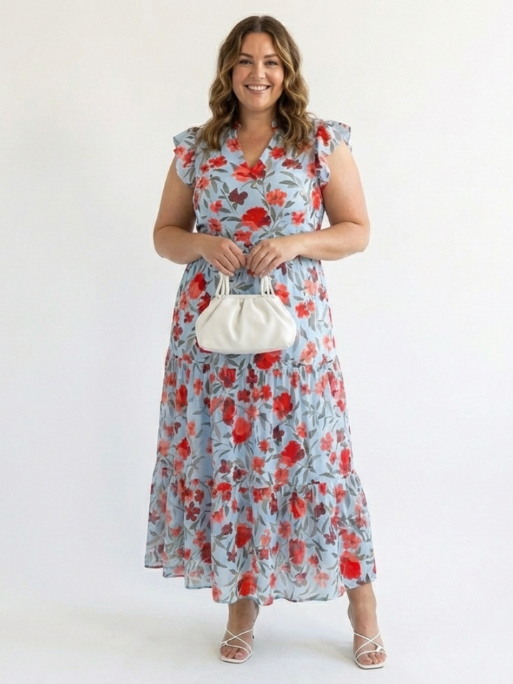 Lilac Floral Print Flared Midi Dress