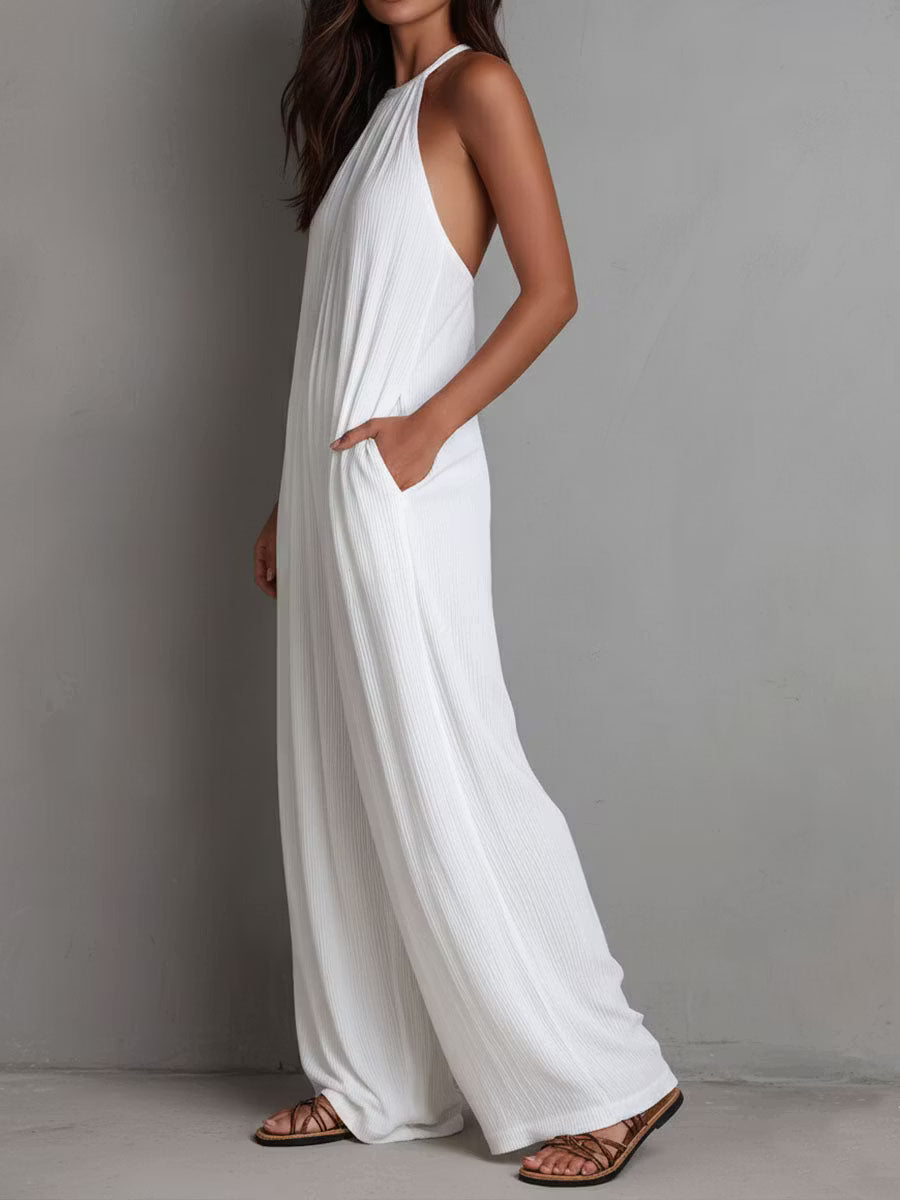 White Pleated Resort Jumpsuit with Halter Neck and Wide Legs