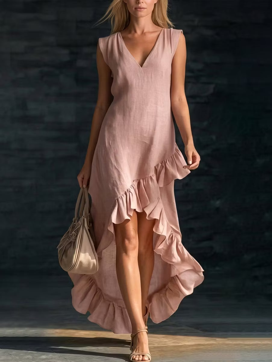 Romantic long linen and cotton dress with V-neck and gathered hem