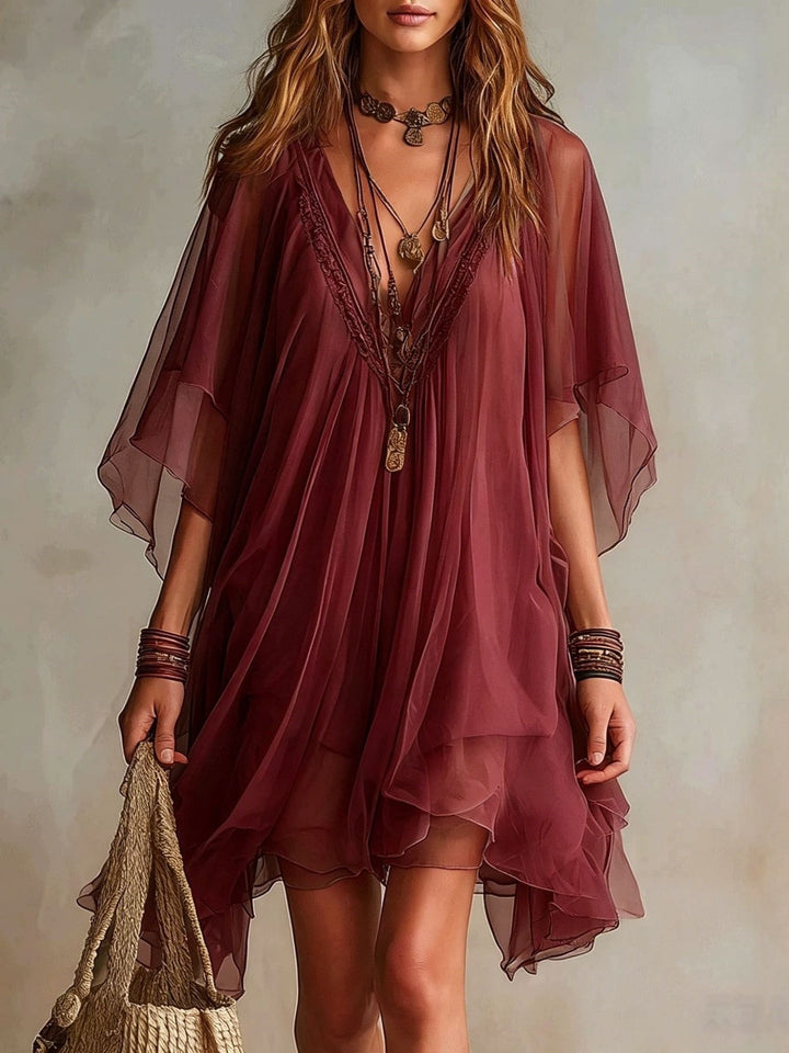 Green Chiffon V-neck Layered Flowy Mini Dress