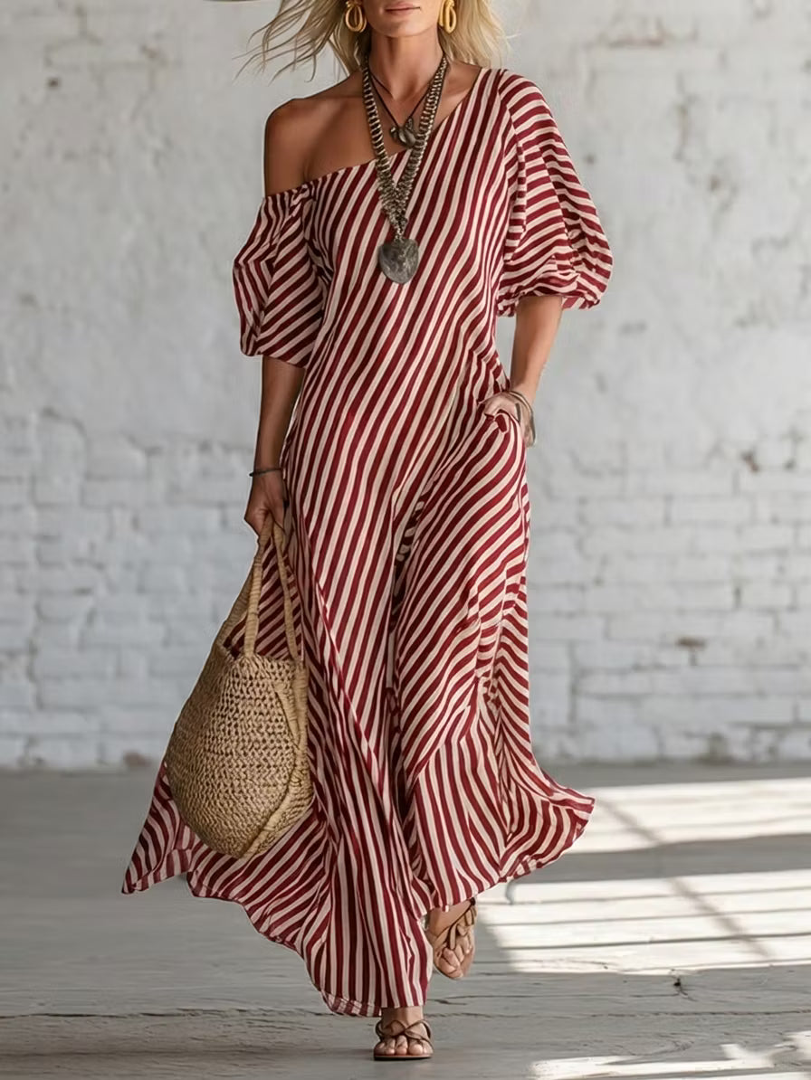Elegant and Classic Striped Long Dress with Off-Shoulder Design