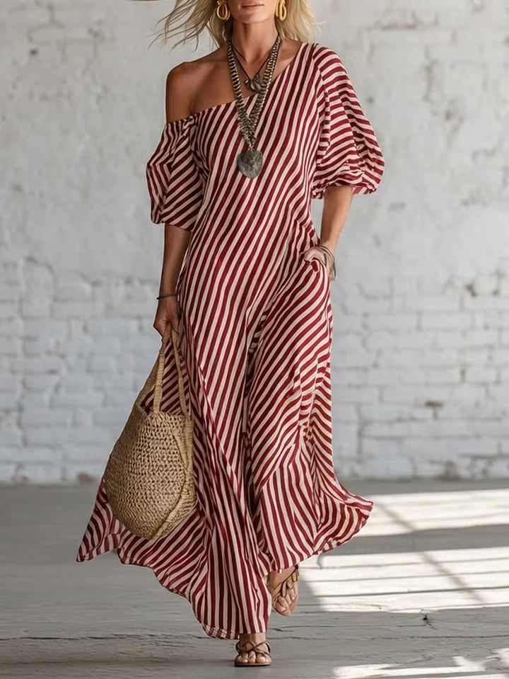 Elegant and Classic Striped Long Dress with Off-Shoulder Design