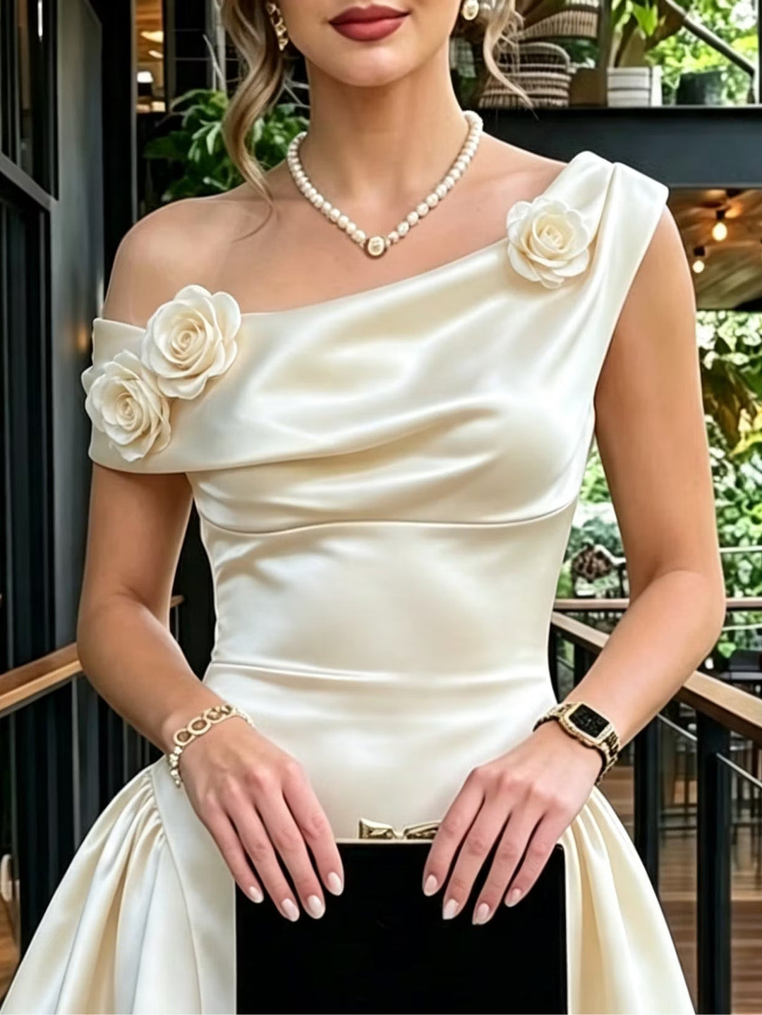 Asymmetrical Draped Shoulder 3D Floral Satin A‑Line Mini Dress