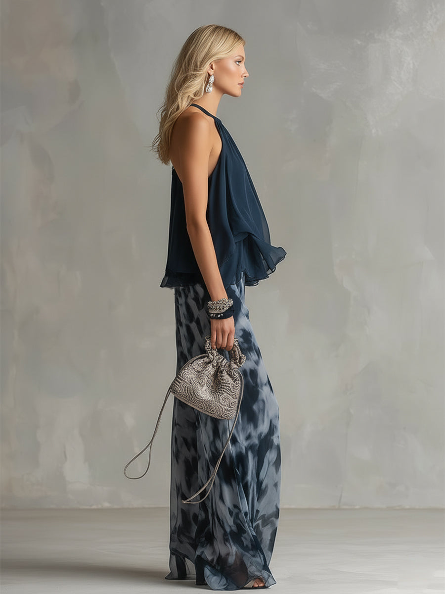 Ludovica - Chiffon set consisting of a high-neck top and wide printed pants