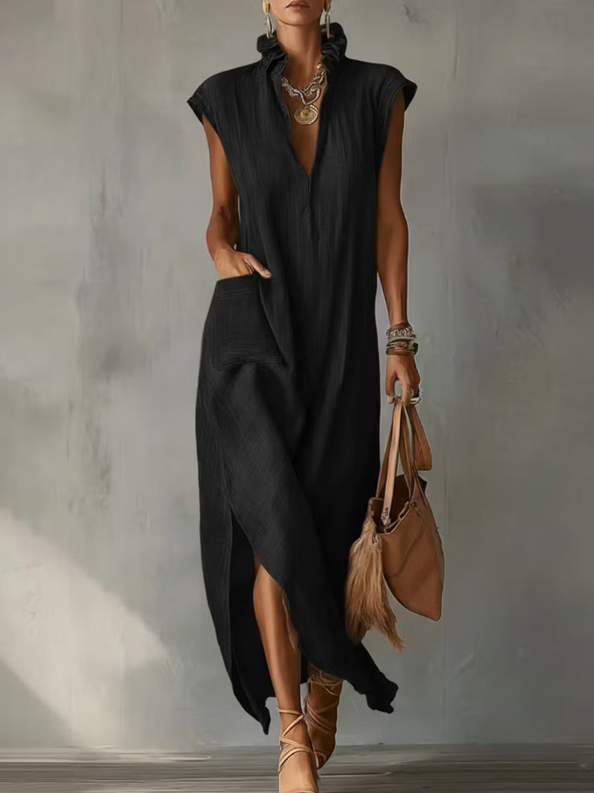 Women's midi dress in cotton and linen with frilled collar – Elegant dress for summer