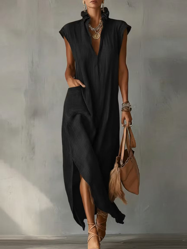 Women's midi dress in cotton and linen with frilled collar – Elegant dress for summer