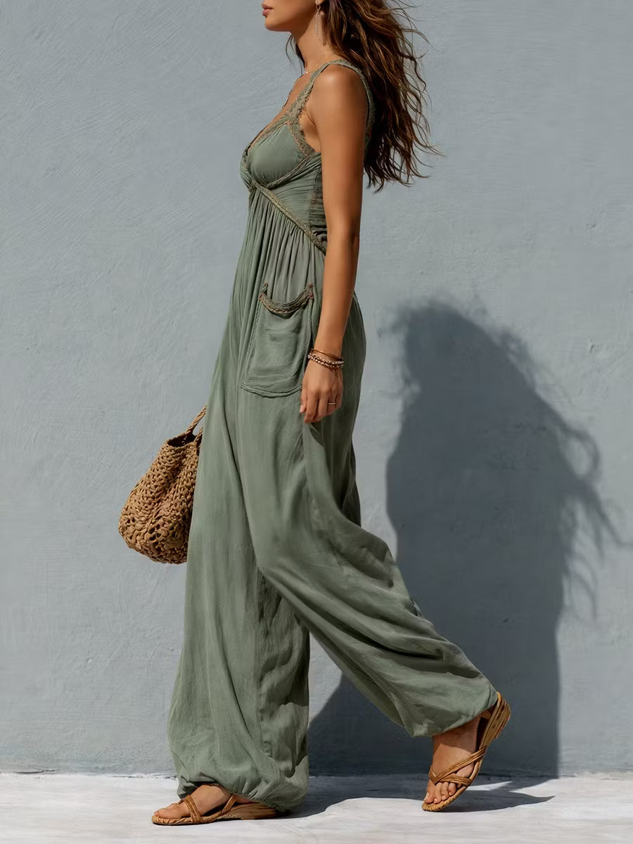 Boho Wide-Leg Jumpsuit with Lace Details and Applied Pockets