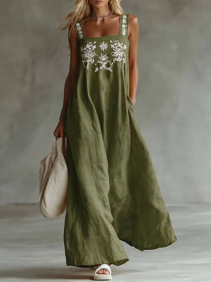 Casual Bohemian Dress with Floral Print in Cotton and Linen
