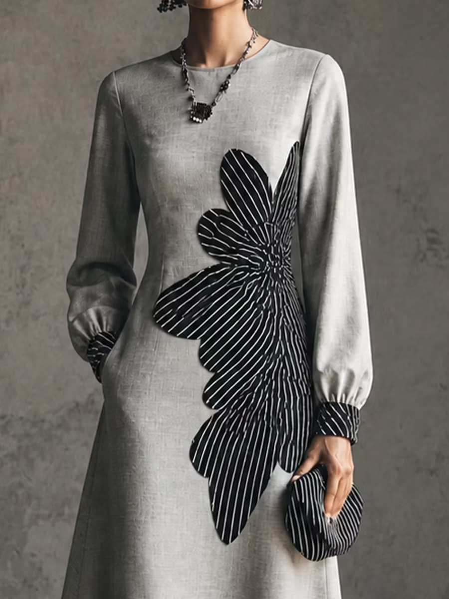 Gray Printed Long Sleeve Casual Midi Dress