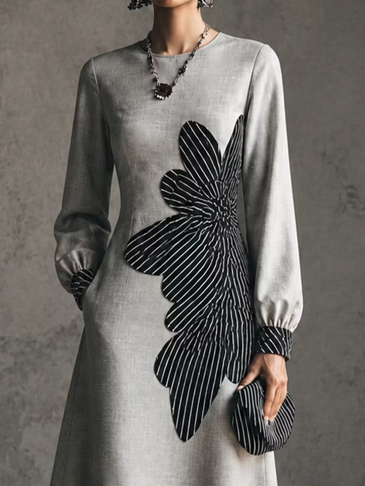 Gray Printed Long Sleeve Casual Midi Dress