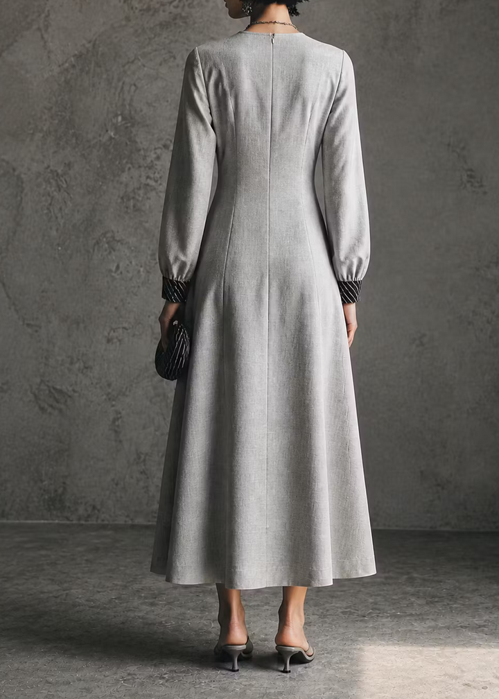 Gray Printed Long Sleeve Casual Midi Dress