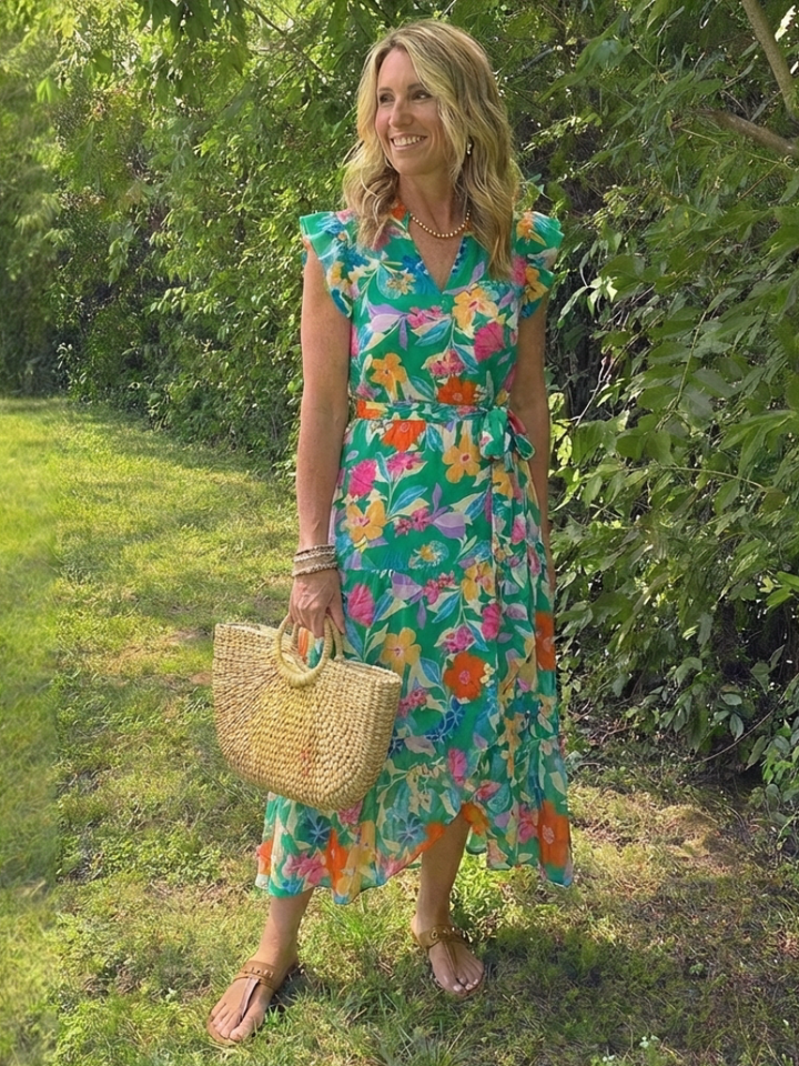 Lilac Floral Print Flared Midi Dress