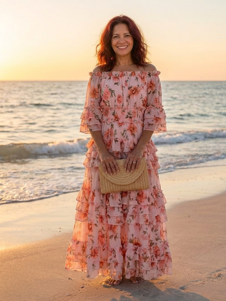 Floral Ruffle Maxi Dress with Rosalie Neckline
