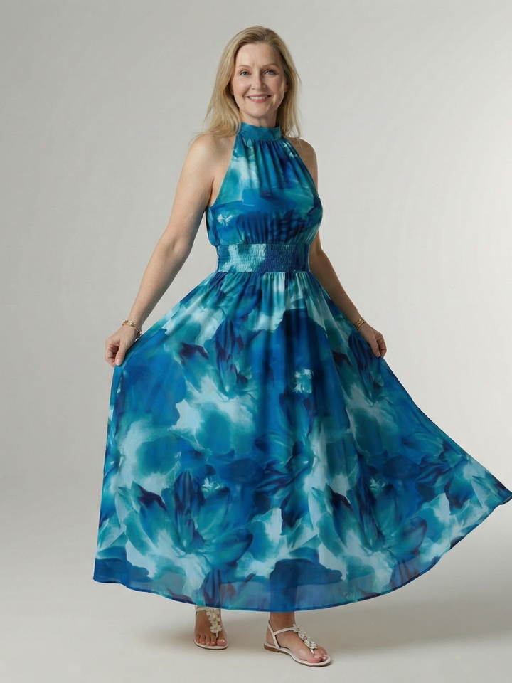 Midi Dress with Gathered Halter Neckline