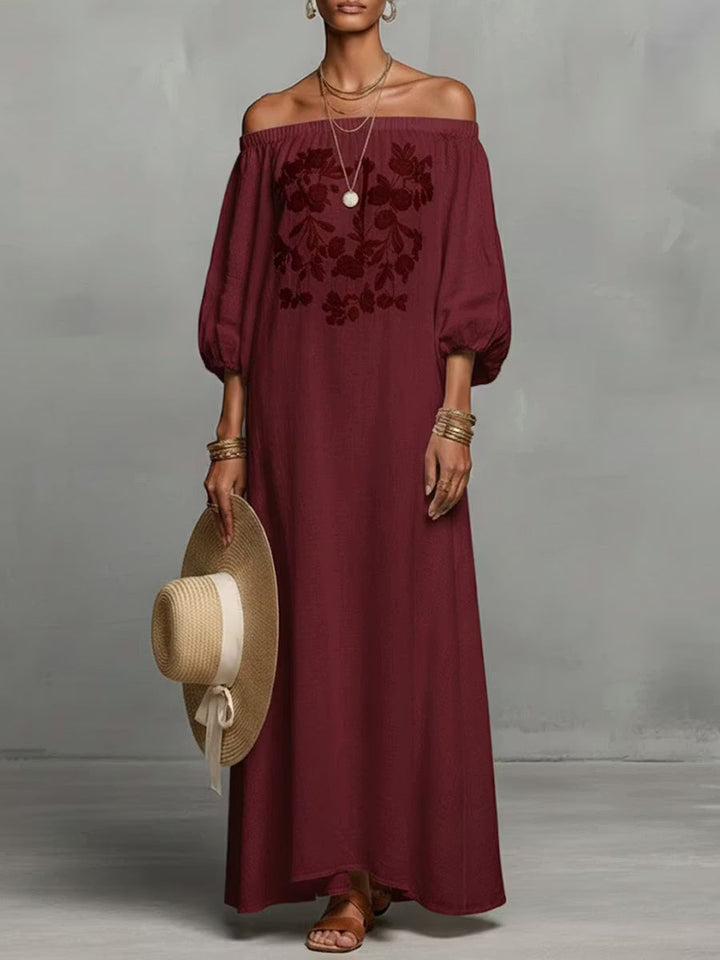 Casual women's linen dress with long sleeves and round neck.