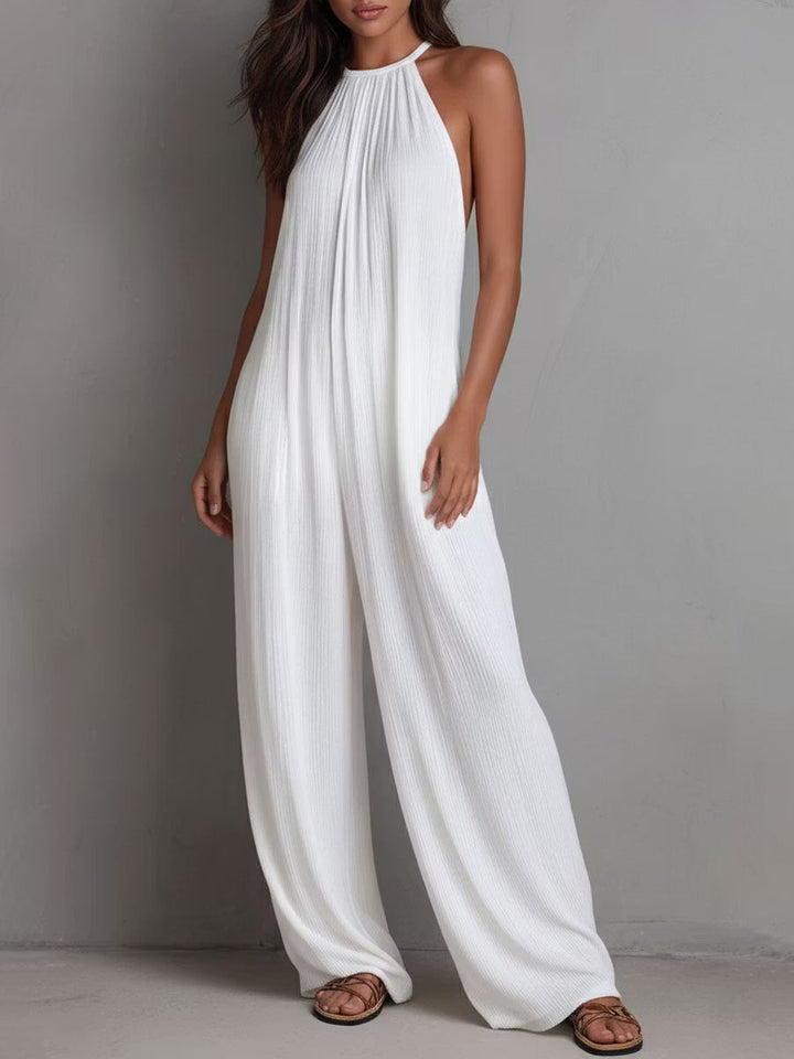 White Pleated Resort Jumpsuit with Halter Neck and Wide Legs