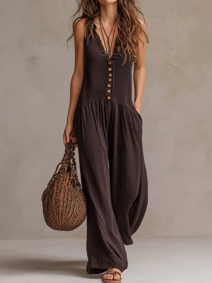 Retro Knit Jumpsuit with Ruffled Collar