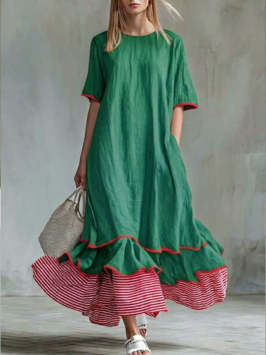 Women's Patchwork Striped Midi Dress – Casual Red Summer Dress