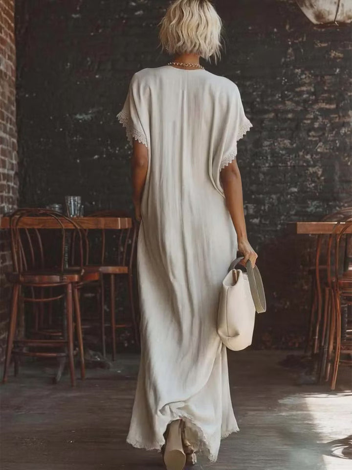 Elegant and cozy long dress made of linen and cotton with lace details.