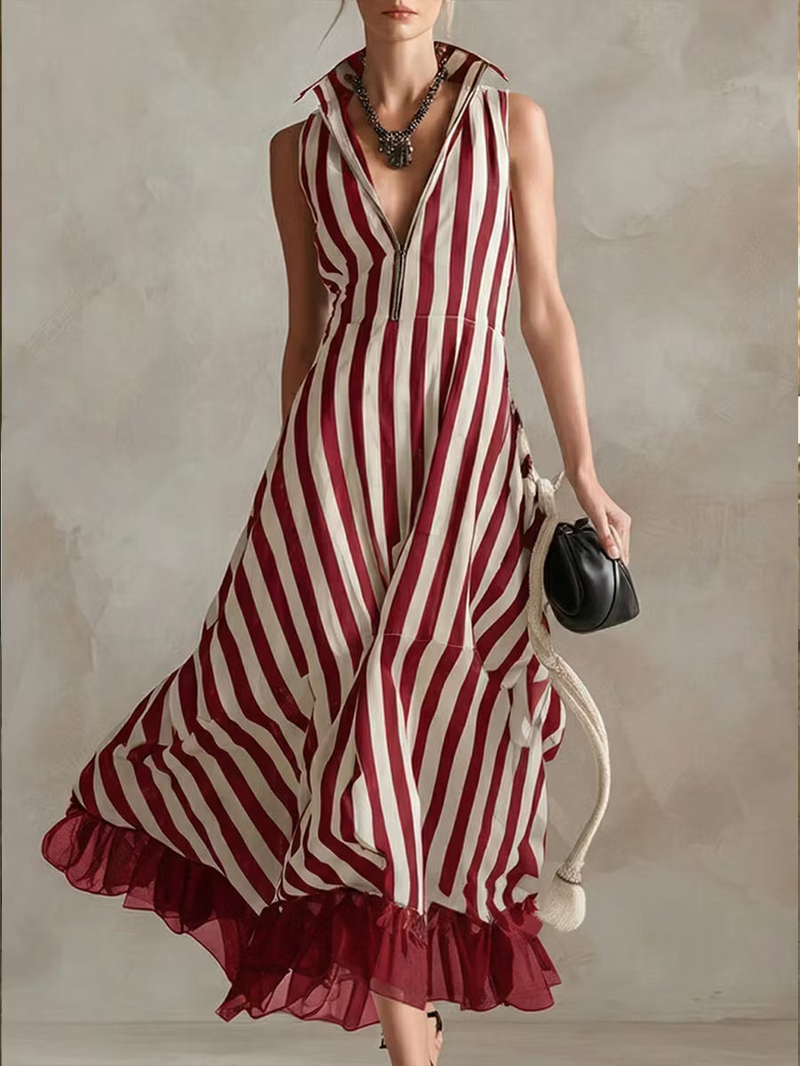 Modern sleeveless striped chiffon dress with patchwork, made of linen and cotton.