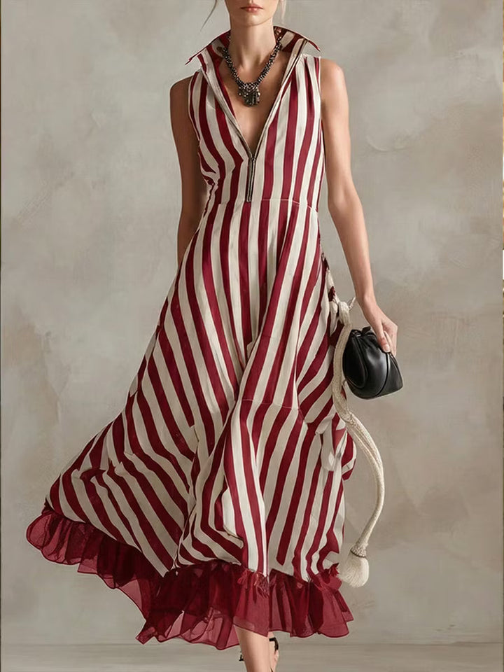 Modern sleeveless striped chiffon dress with patchwork, made of linen and cotton.