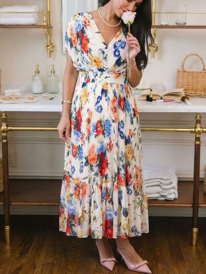 Pleated Floral Midi Dress Savannah