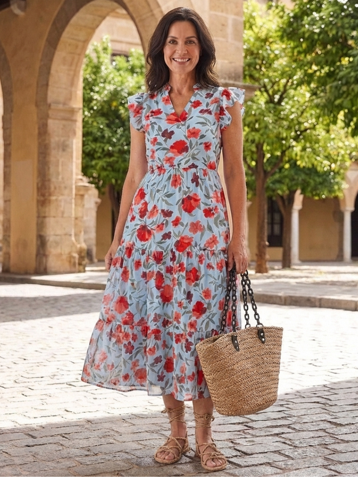 Lilac Floral Print Flared Midi Dress