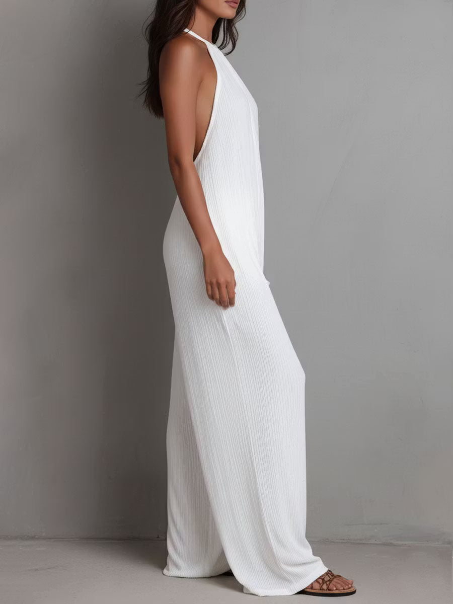 White Pleated Resort Jumpsuit with Halter Neck and Wide Legs