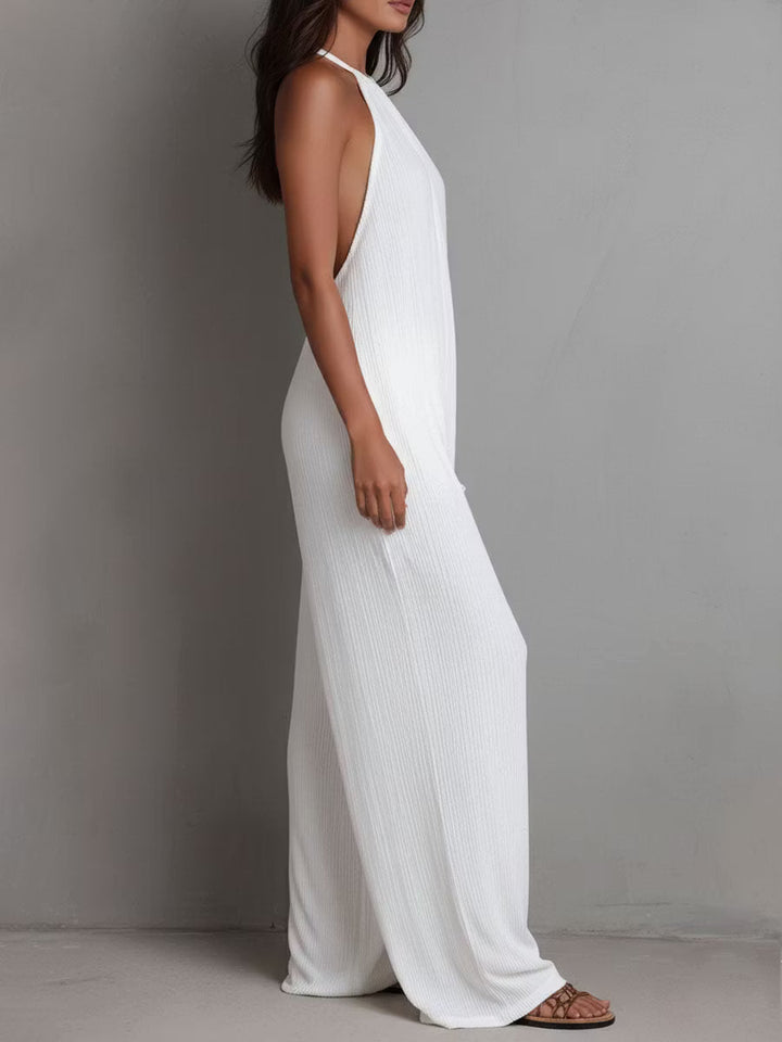 White Pleated Resort Jumpsuit with Halter Neck and Wide Legs